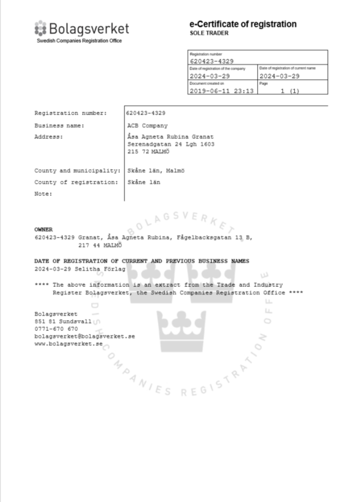 Sweden certificate of registration Word and PDF template
